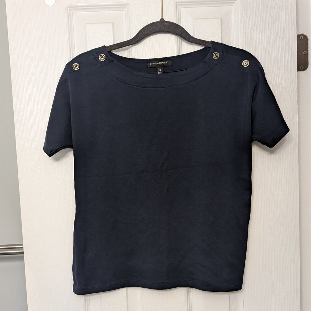 Banana Republic Short Sleeve Silky Button Shirt Navy Women's Size Small S